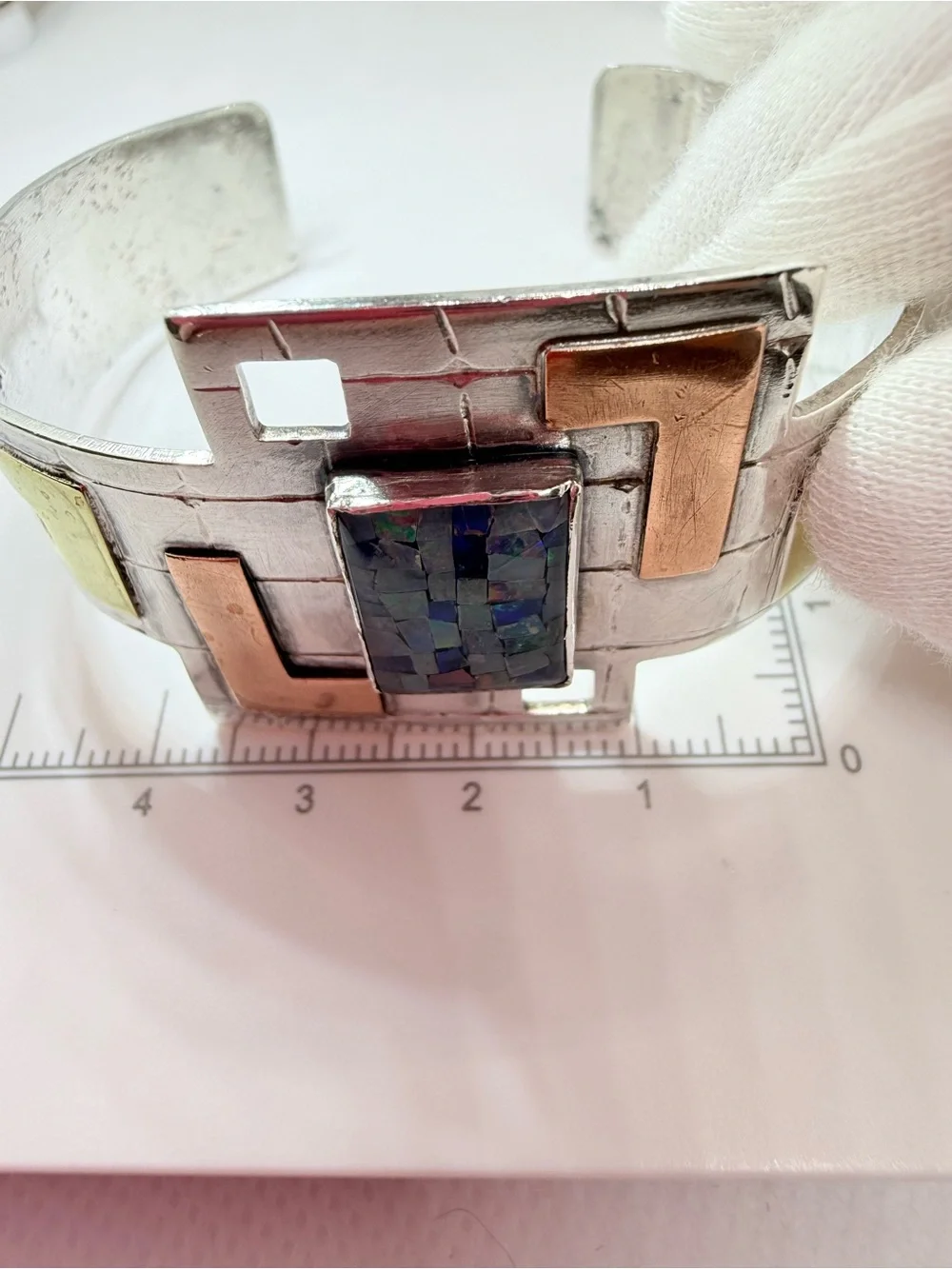 Vintage Modernist Sterling Silver Multi-Tone Inlay Cuff Bracelet